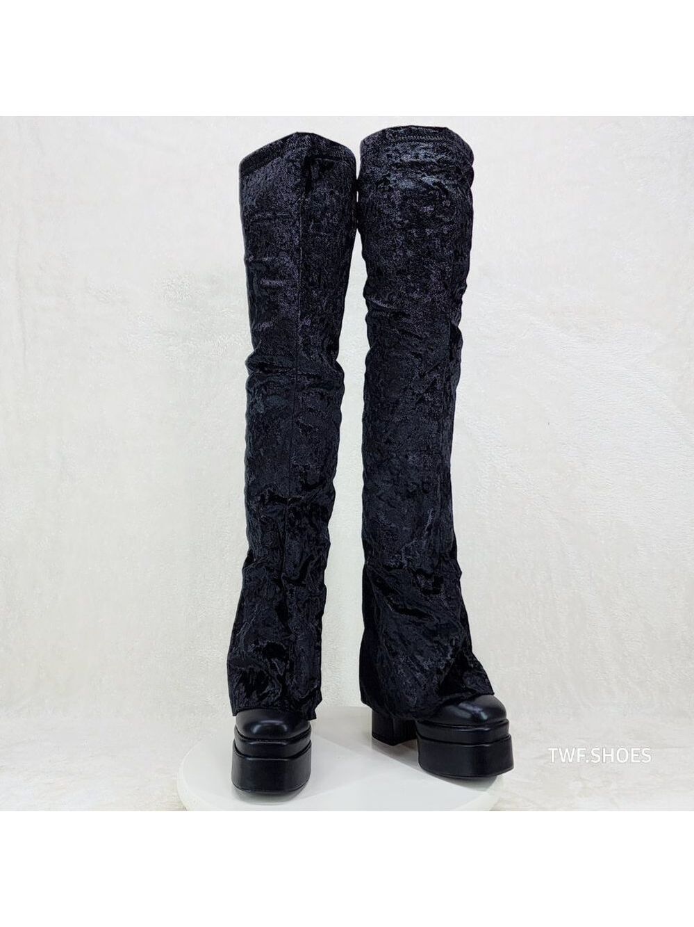 Unique Thigh High Black Velvet Fold over Skirted Chunky Heel Platform Boots - Picture 16 of 17